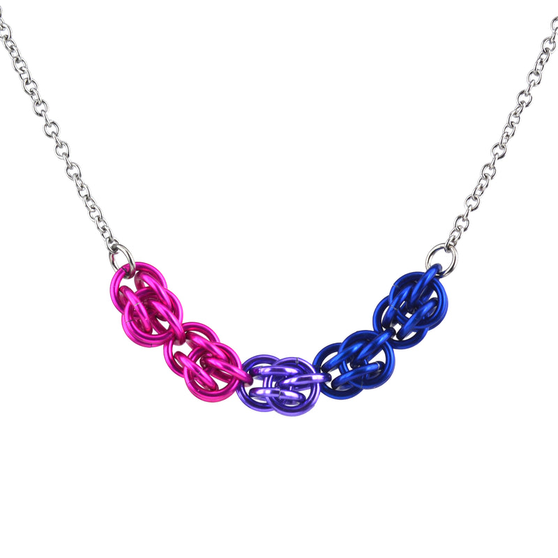 chainmaille bi pride necklace on steel chain on a white background
