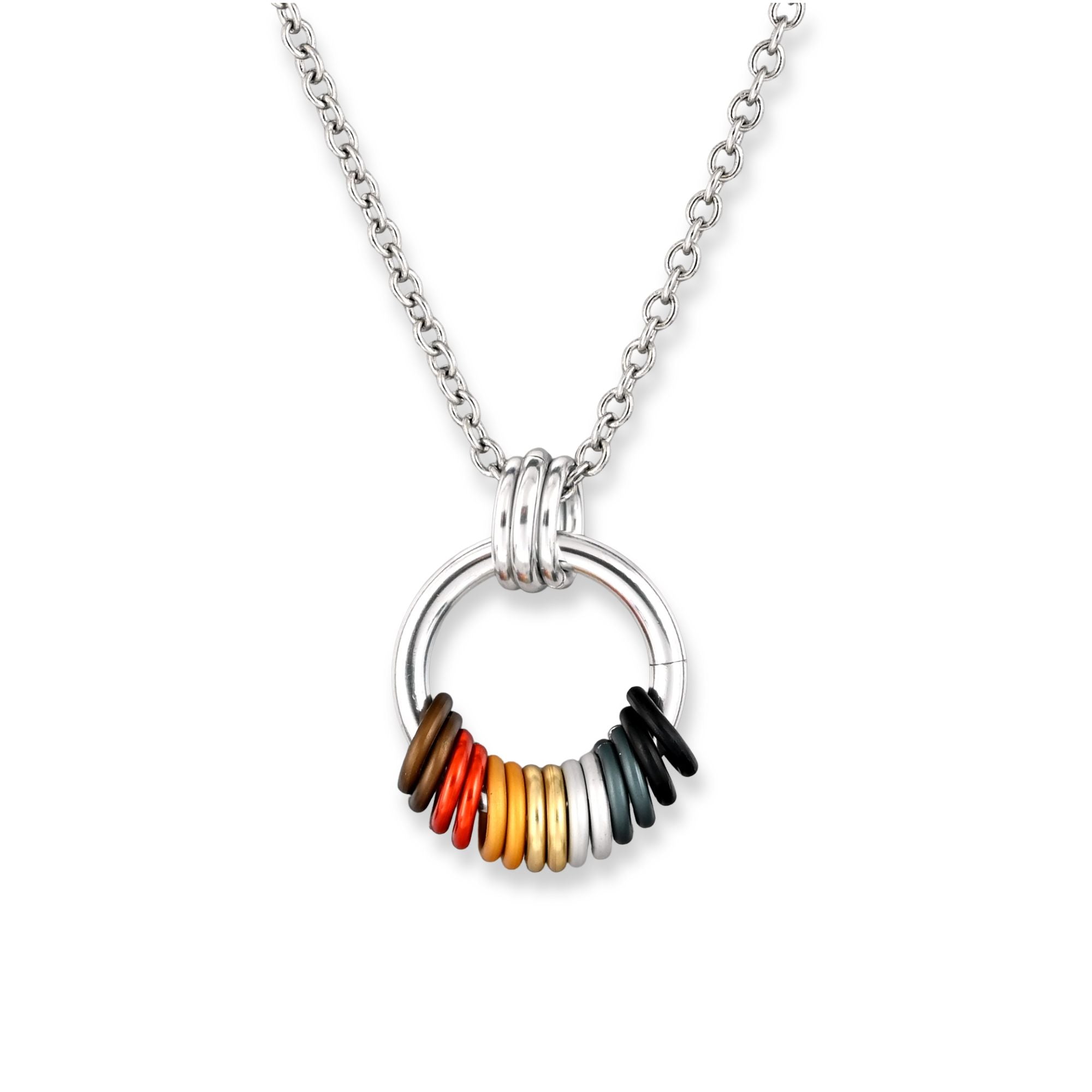 A minimalist silver-tone circular pendant on a thin stainless steel chain against a plain white background. The base of the hoop features 14 free-spinning aluminum rings in the Bear flag colors: 2 each dark brown, rust orange, yellow, tan, white, grey, and black.