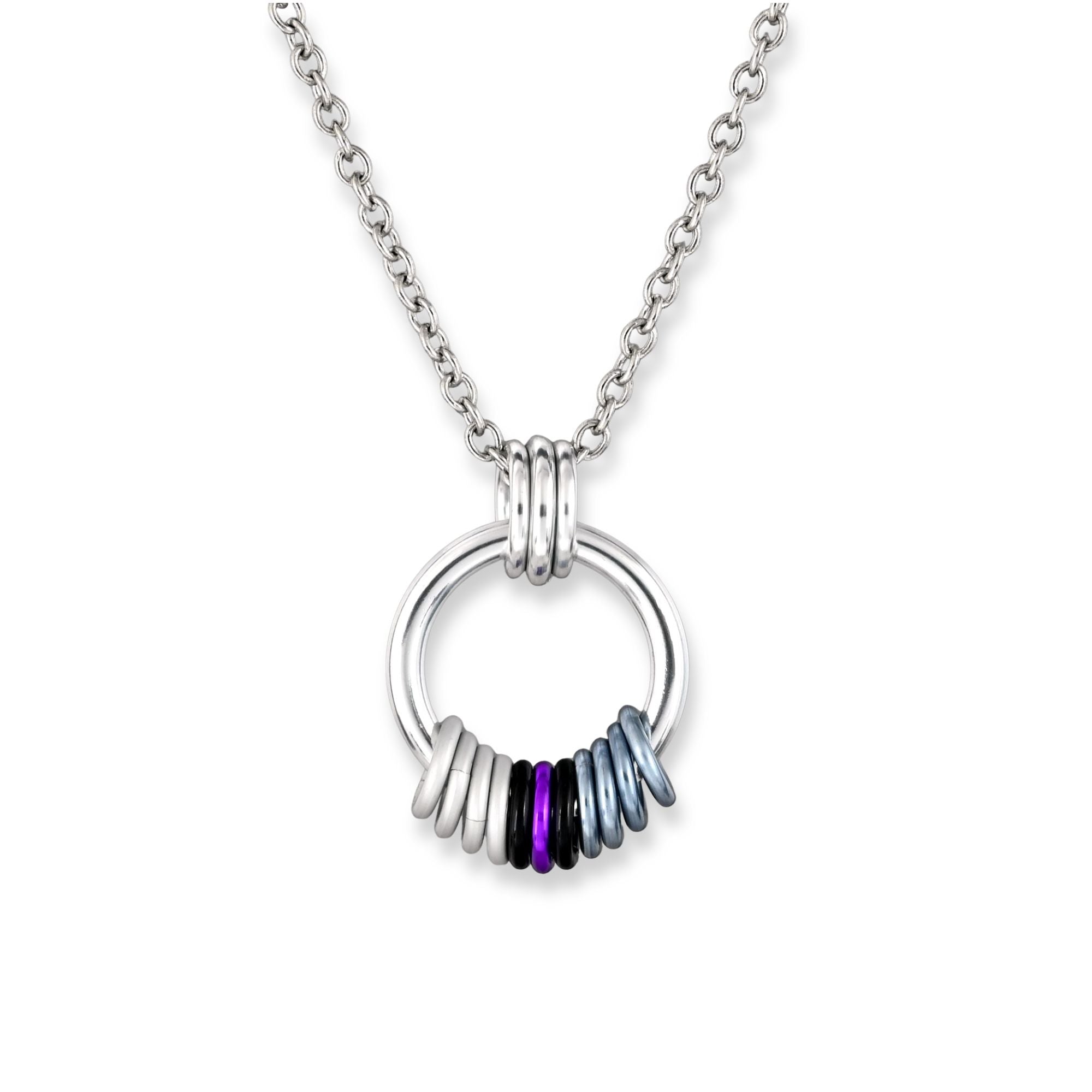 A chainmaille pendant with a coil of free-spinning rings in Demisexual pride flag colors—black, white, purple, and grey—attached to a larger silver color link. The pendant hangs from a stainless steel link chain against a plain white background.