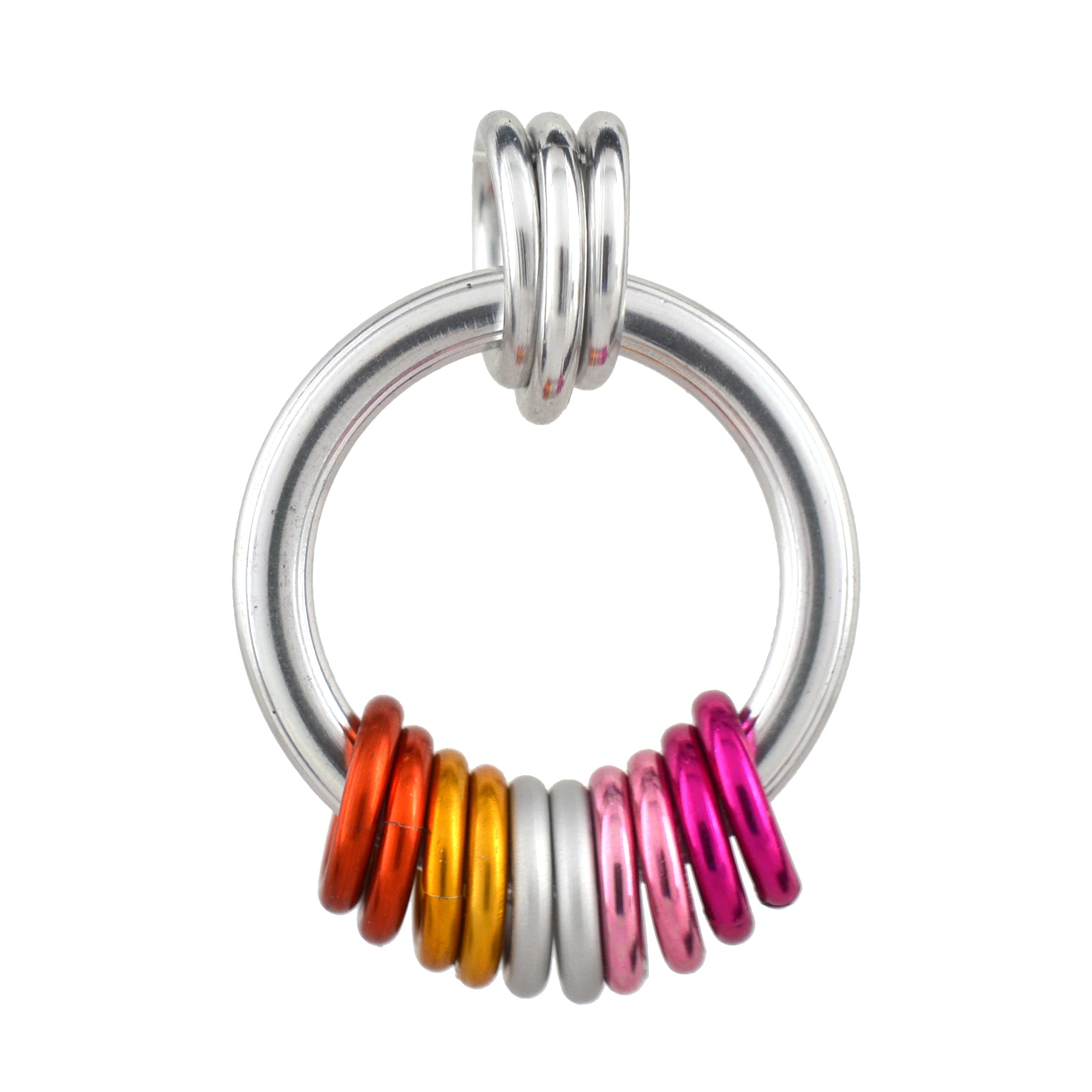 Closeup of the lesbian pride pendant on a white background. A thick silver loop hangs from a trio of smaller silver links. At the bottom of the loop are 10 vibrant links in the color of the progress pride flag, from left to right: 2 each dark orange, light orange, white, light pink and fuchsia