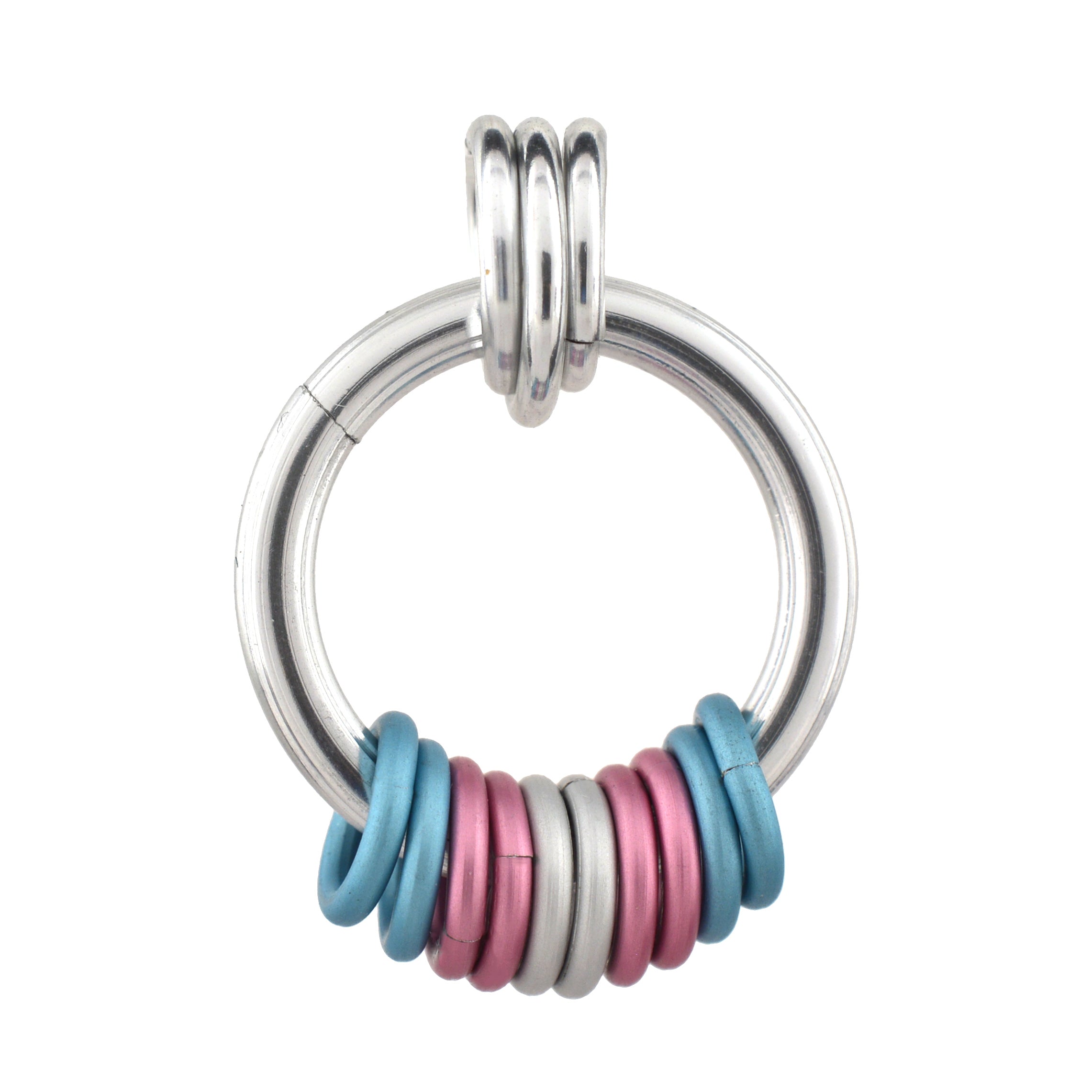Closeup of the transgender pride pendant in subtle pastel colors on a white background. A thick silver loop hangs from a trio of smaller silver links. At the bottom of the loop are 10 matte-finish links in the color of the transgender pride flag: light blue, pink and white.