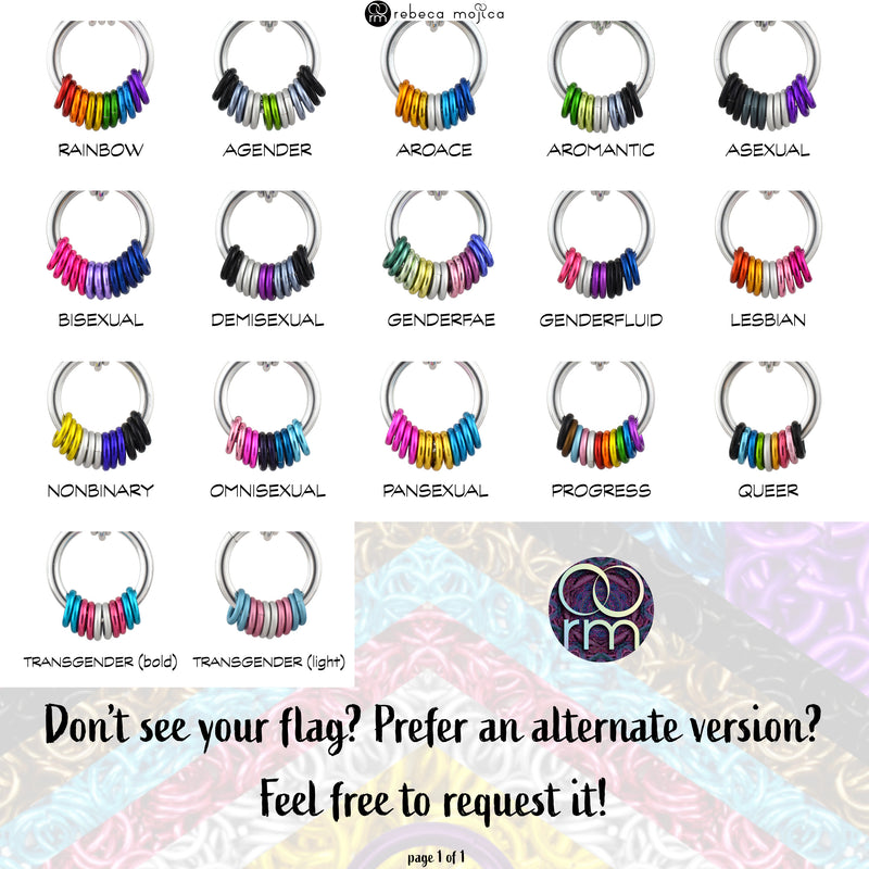 A comprehensive swatch chart displaying various Pride Flag Coil Fidget Necklaces. Each example shows a silver coil with different colored aluminum rings, representing flags such as Rainbow, Agender, Aromantic, Bisexual, and Transgender (bold/light). Text at the bottom invites customers to request custom flag designs if not shown.