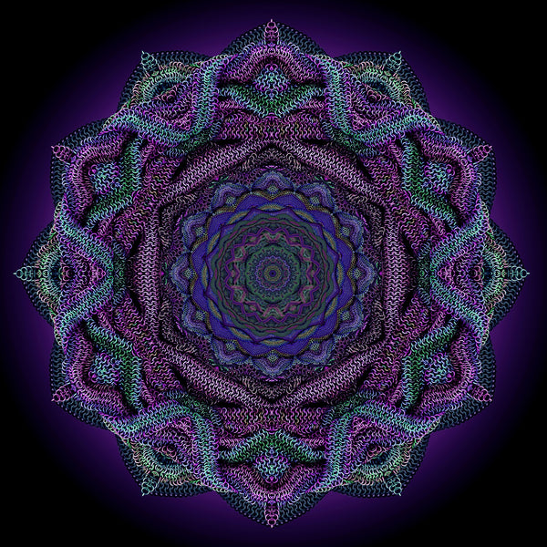An intricate digital mandala with a woven, chainmaille texture in iridescent shades of teal, purple, and blue. The design features a complex, layered circular pattern set against a dark purple gradient background