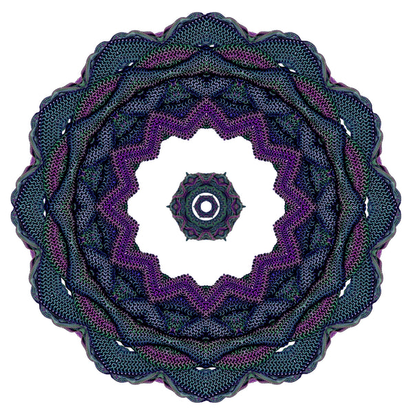 An early iteration of the digital mandala on a white background, featuring a gap of white space between the outer rings and center of the mandala. The outer rings have 12-pointed symmetry and the inner rings have 6 point symmetry. The mandala is a dense mesh of iridescent blue and green chainmaille patterns.