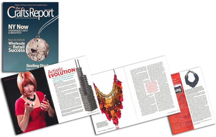 A collage featuring the cover of The Crafts Report magazine alongside a multi-page article titled Artistic Evolution, featuring a full page image of Rebeca Mojica. Other images include her chainmaille sculpture of the sears tower and a colorful scalemaille necklace in flame colors.