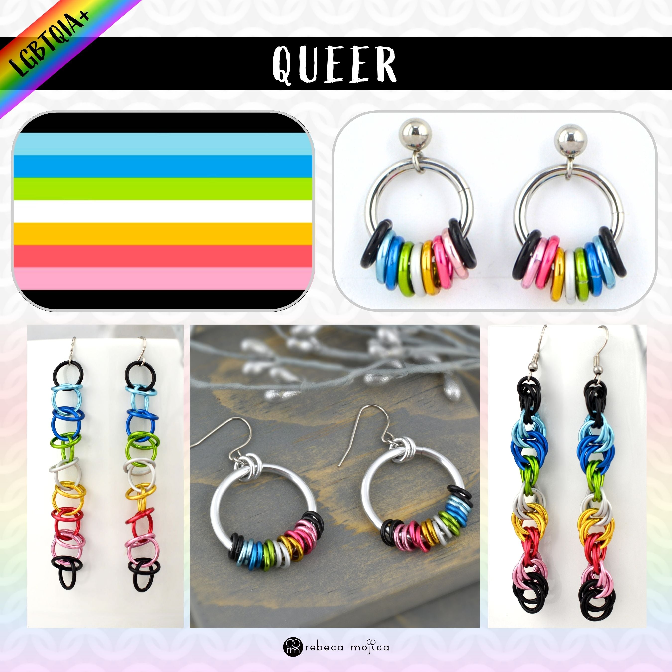Collage showcasing "QUEER" pride earrings with the Queer pride flag (black, light blue, white, lime green, yellow, orange, pink, lavender). Features silver hoops and long dangle earrings with matching colored rings. "rebeca mojica" logo at bottom. LGBTQIA+ rainbow banner at top left.