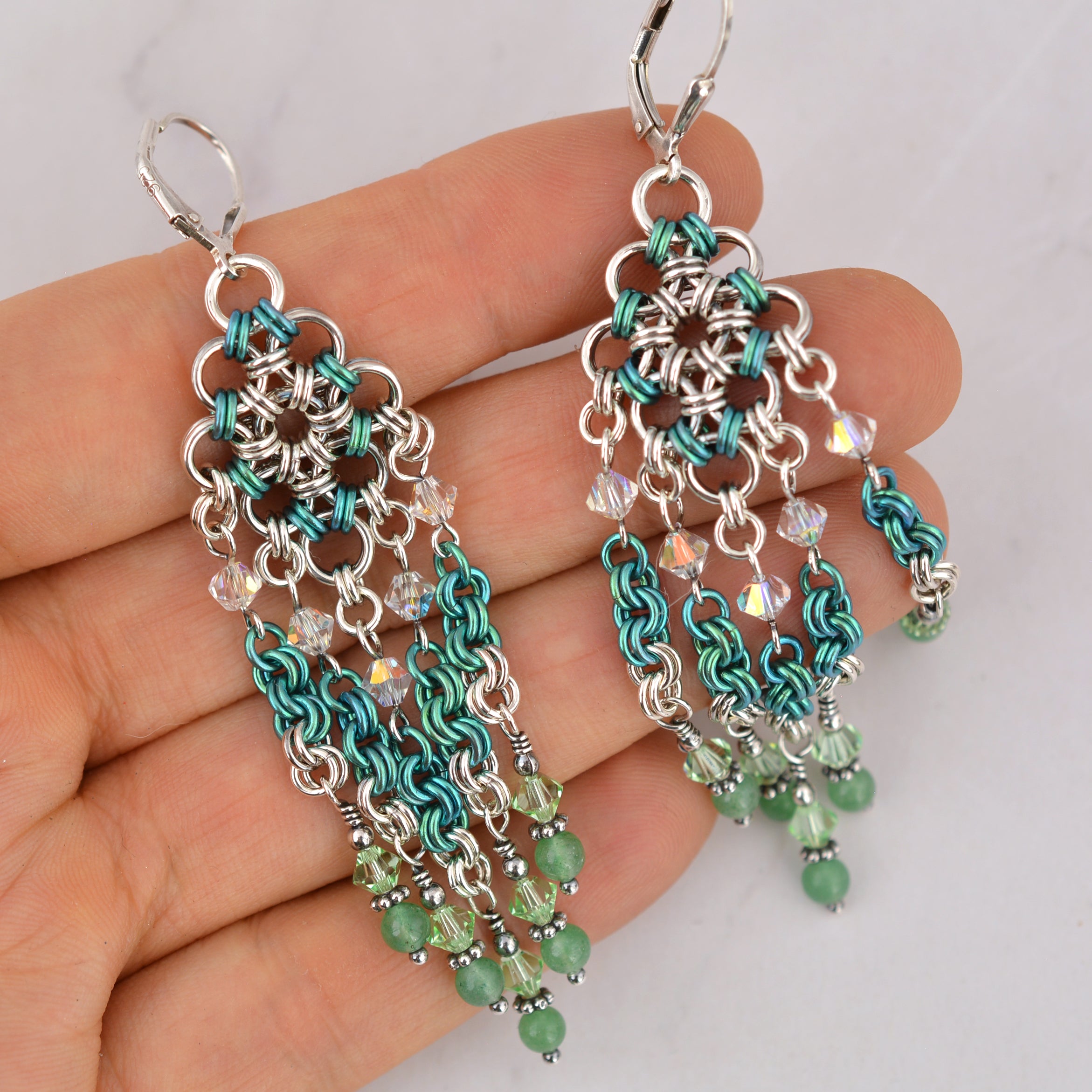 SALE: Sterling Silver + Green Chandelier Earrings