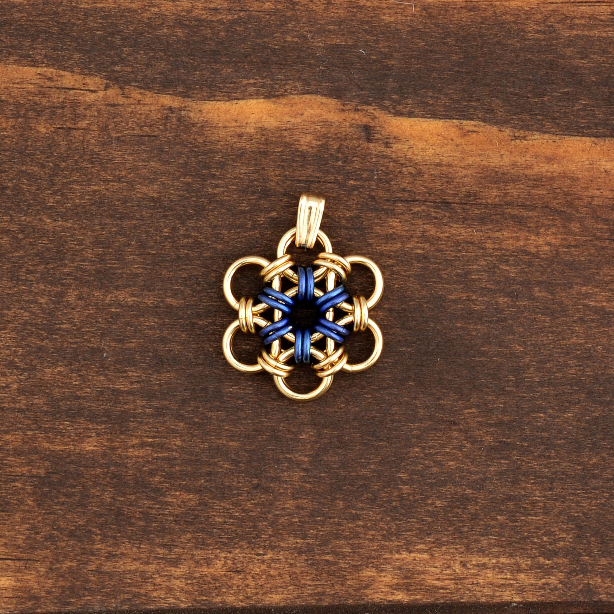 SALE: Mini Japanese Flower Pendant in Gold-Fill and Blue Niobium