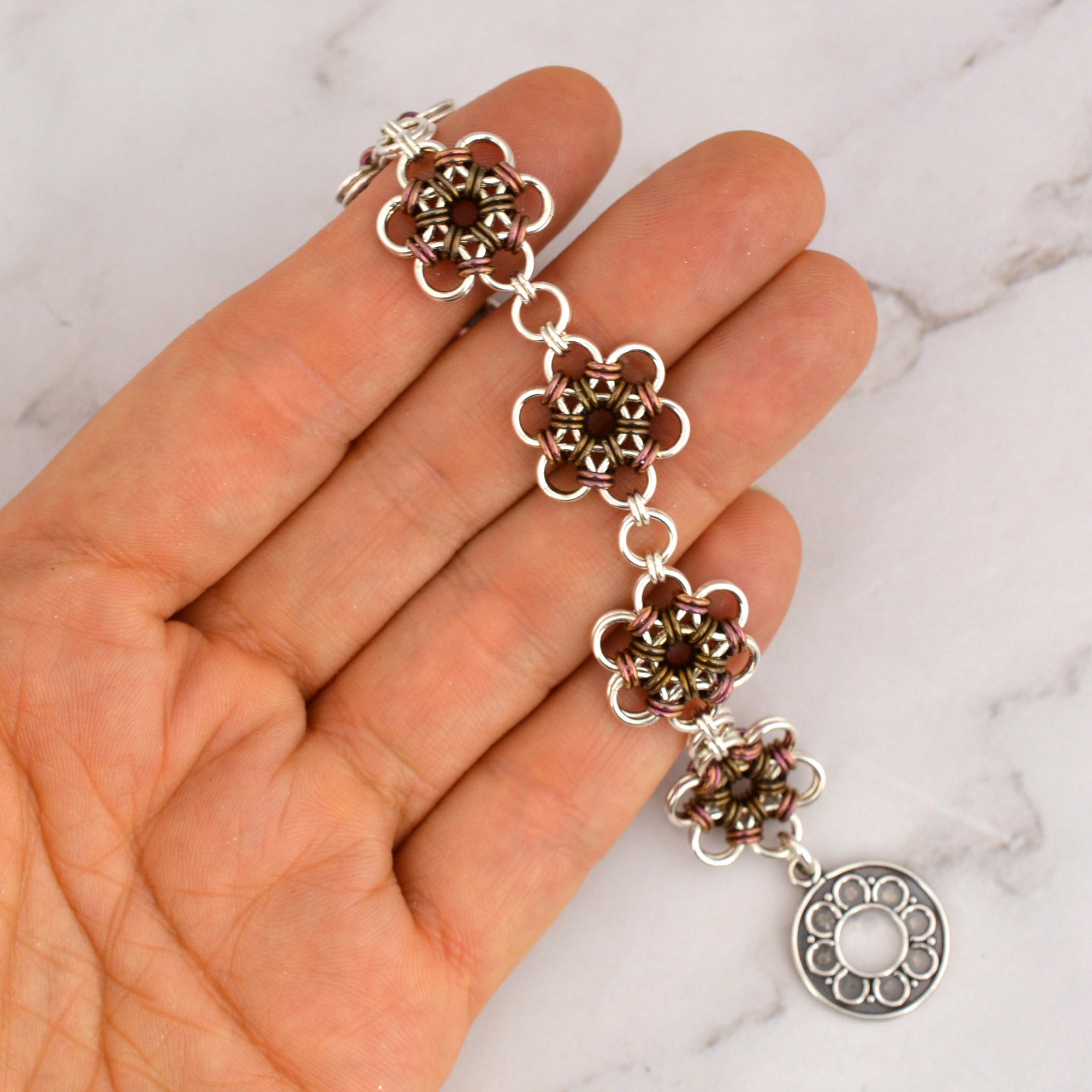 SALE: Japanese Flower Bracelet in Pink and Brown - Small (6.25")