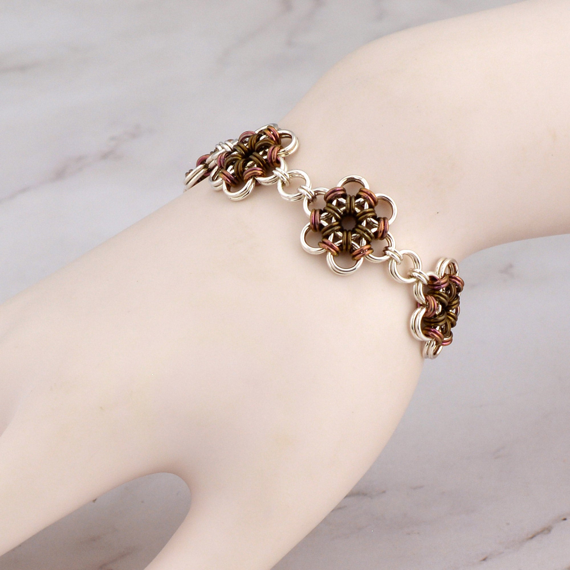 SALE: Japanese Flower Bracelet in Pink and Brown - Small (6.25")