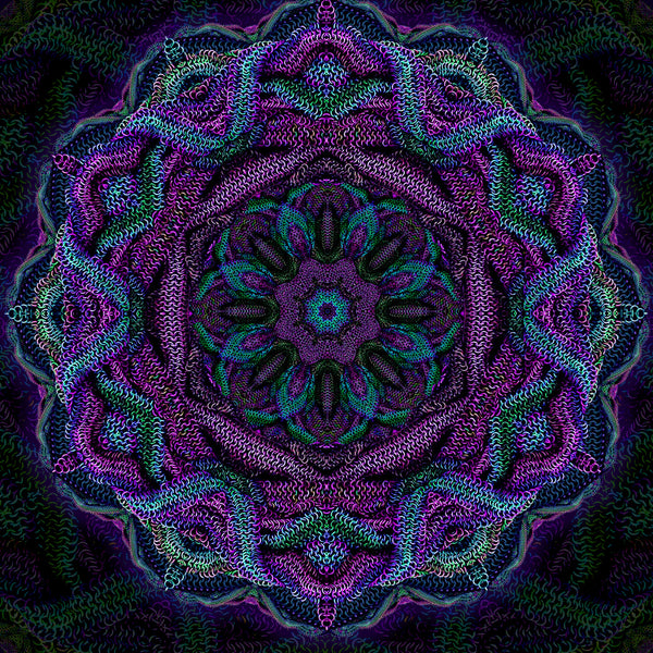 A high-detail, full-frame digital pattern composed of interlocking violet and teal chainmaille textures. The complex symmetry creates a glowing, organic effect against a deep, dark background.