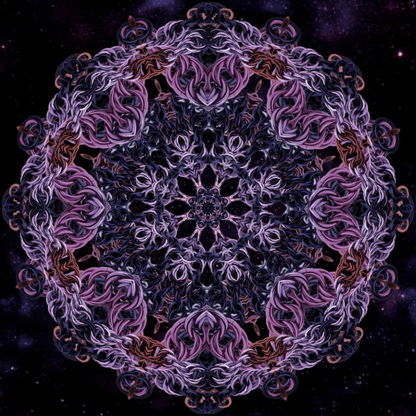 A moodier, dark-adjusted version of the pride mandala. The pink and blue tones are desaturated and deepened, making the metallic chainmaille texture appear in shades of plum, deep blue and mauve, set against a starry background.