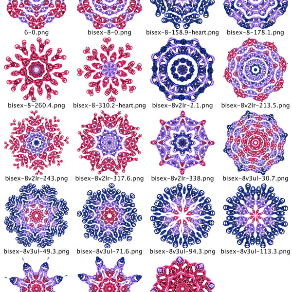 A contact sheet showing 15 different kaleidoscopic "slices" or variations of mandalas. Each is composed of interlocking chainmaille loops in the bisexual pride colors: pink, purple, and blue.