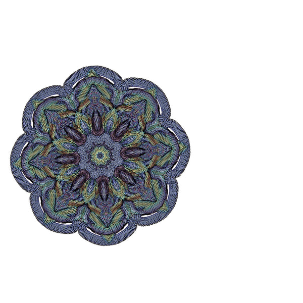 A kaleidoscopic "slice" or ring of the mandala on a white background, showing the detailed teal and violet chainmaille textures used as a building block for the final artwork.