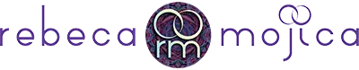 Rebeca Mojica logo with purple text and a decorative chainmaille mandala circle in the center on a transparent background
