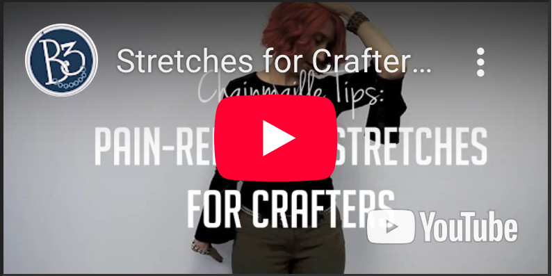 YouTube thumbnail image promoting stretches for jewelry makers to prevent crafting fatigue and repetitive strain.