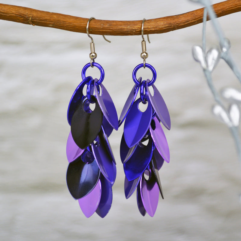 Cascading Leaves Long Earrings - Shades of Purple