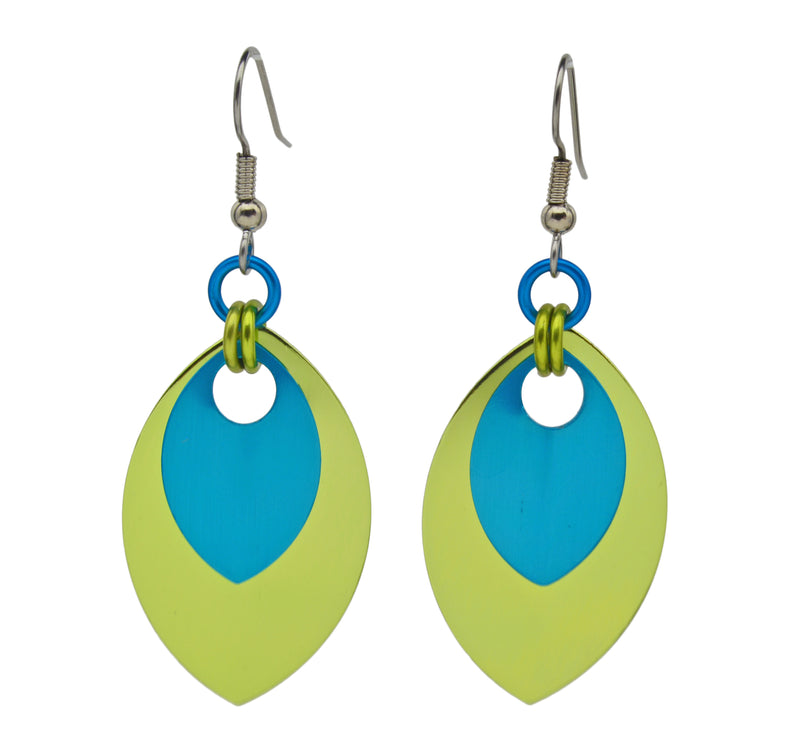 Double Leaf Earrings - Chartreuse & Turquoise