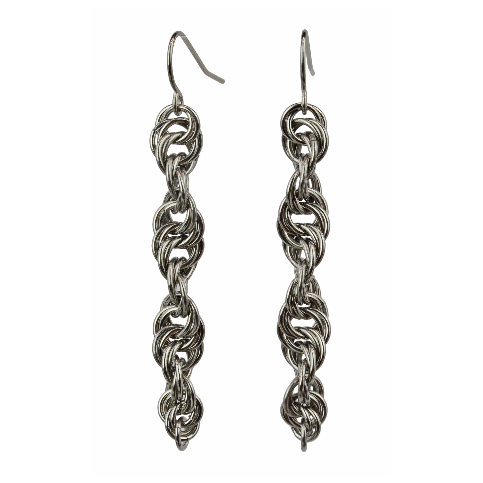 Helix chainmaille earrings in stainless steel by Rebeca Mojica.