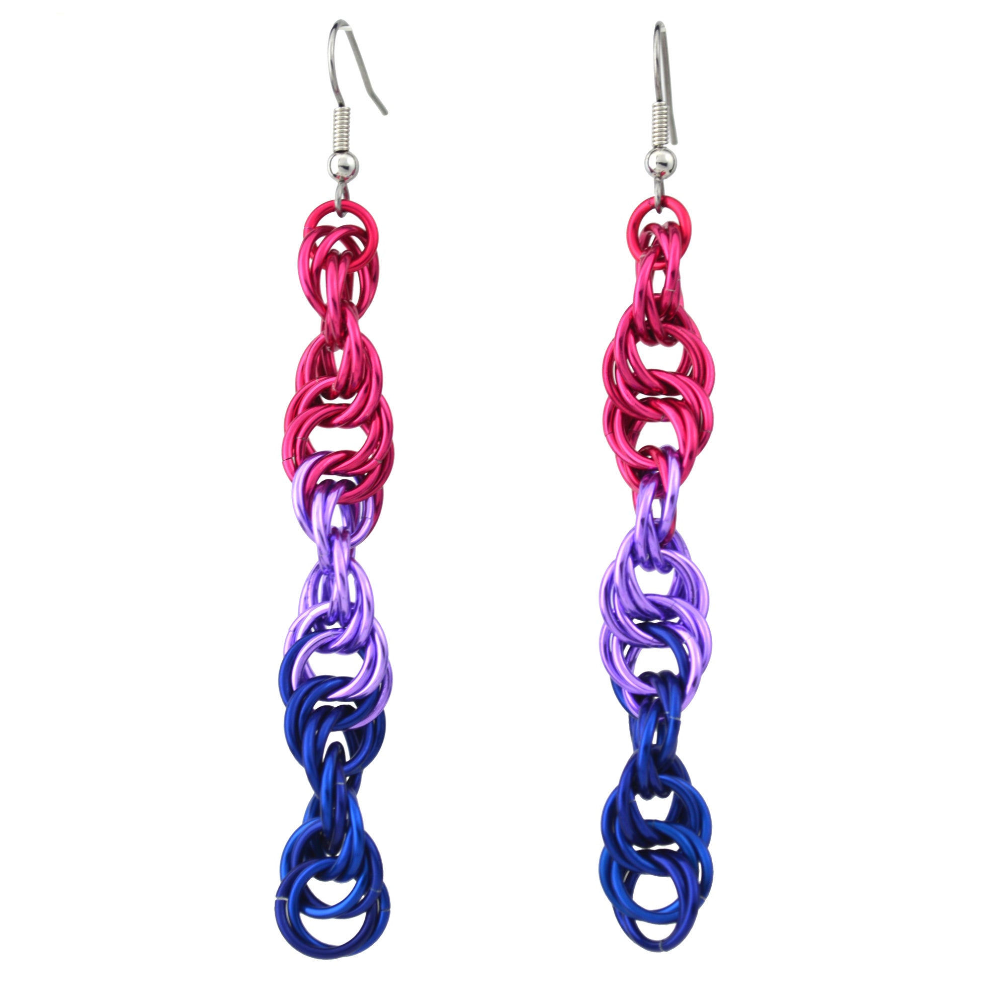 Bi pride chainmaille earrings in a long spiral pattern against a plain white background. Earrings are the colors of the bisexual pride flag: hot pink, lilac and dark blue.