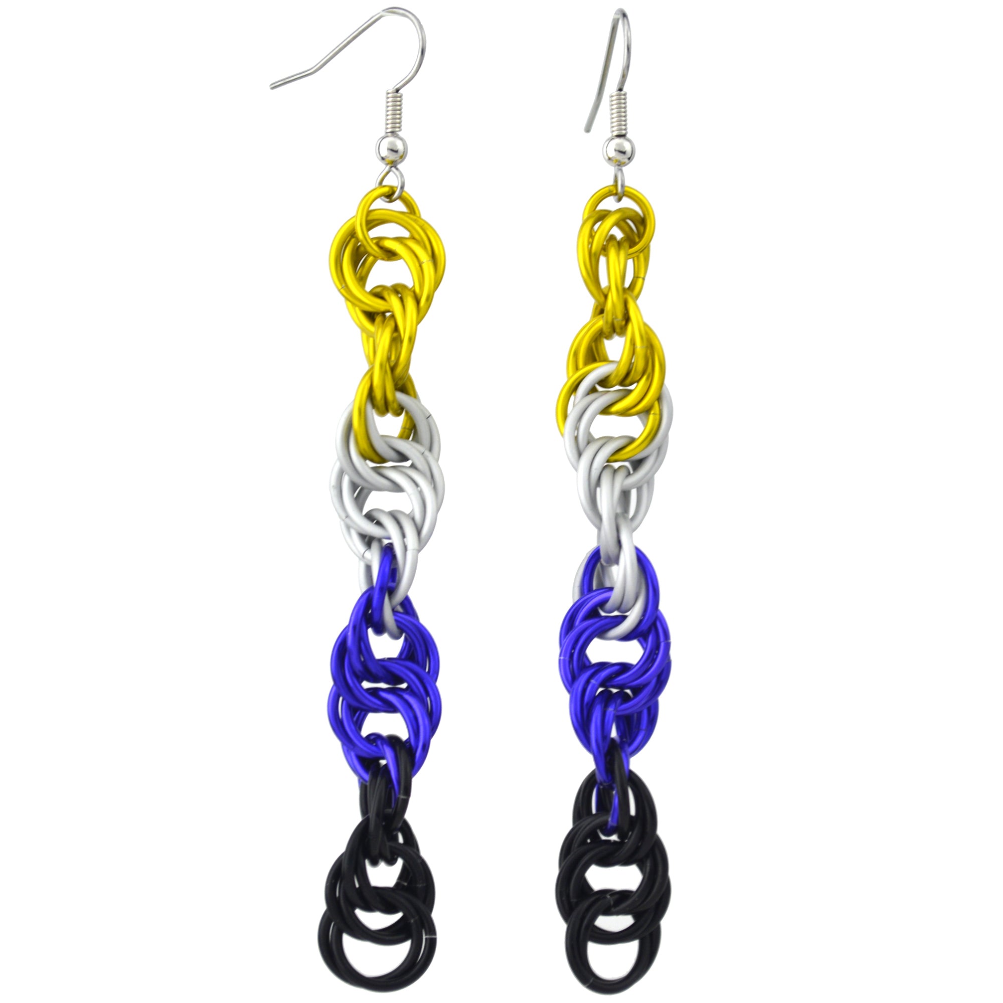 Nonbinary pride chainmaille earrings in a long helix pattern on a plain white background.