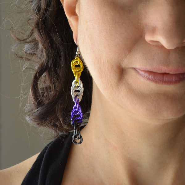 Closeup of the bottom right quadrant of a woman’s face wearing a long chainmaille spiral earring in the nonbinary pride colors - yellow, white, purple and black