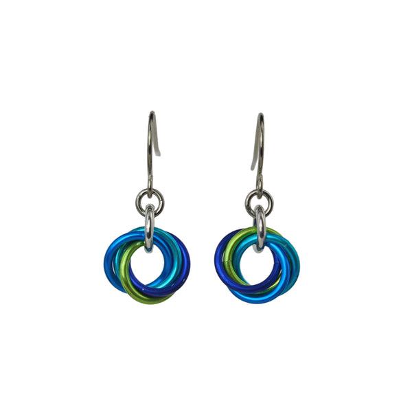 Minimalist chainmaille earrings in turquoise, blue and chartreuse on white background