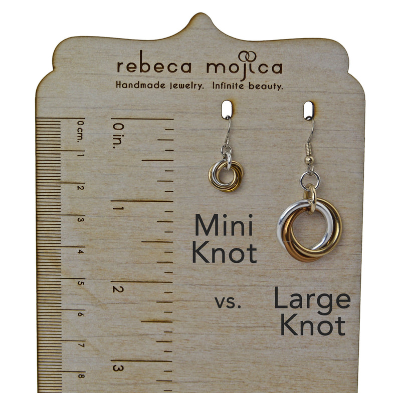 ruler display comparison of length of Mini Knot earrings (approx 7/8") with Large Knot (nearly 2")