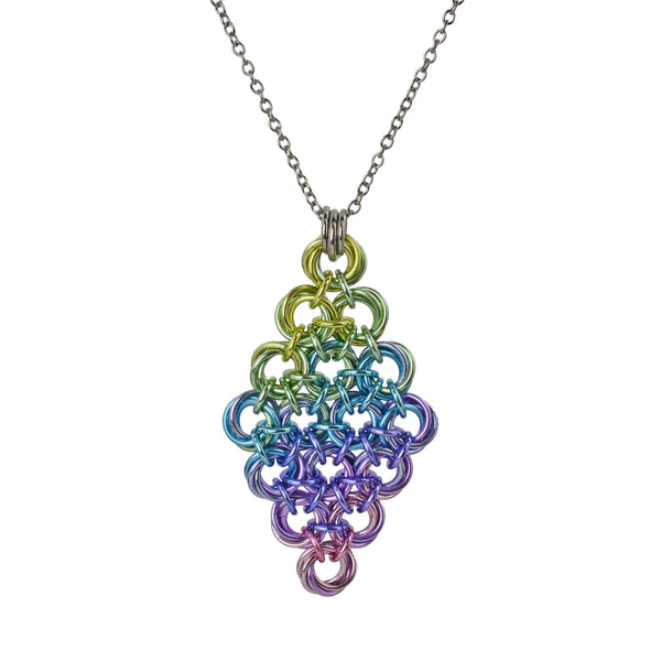 Pastel chainmaille pendant in ombre - fading from yellow at the top, to seafoam to light blue to lilac to pink at the bottom.