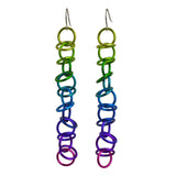 Another view of the chain mail long orbital earrings in electric rainbow colorway by Rebeca Mojica.