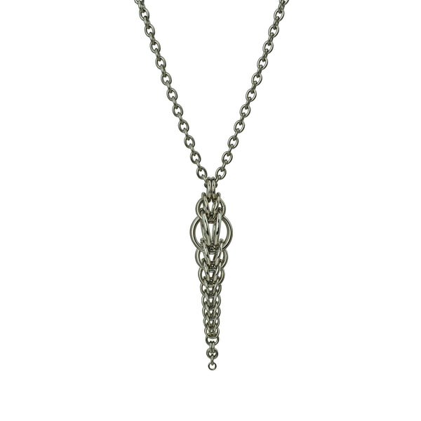 Auger Pendant by Rebeca Mojica. Thin chainmaille pendant that has a slightly bulbous top and tapers to super teeny rings at the bottom tip.