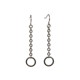 Stainless steel earrings on a white background. Earring is a thin cable chain with a single large flat ring at the bottom.