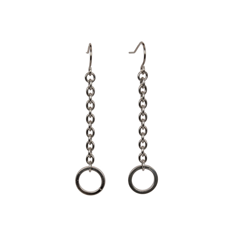 Stainless steel earrings on a white background. Earring is a thin cable chain with a single large flat ring at the bottom.
