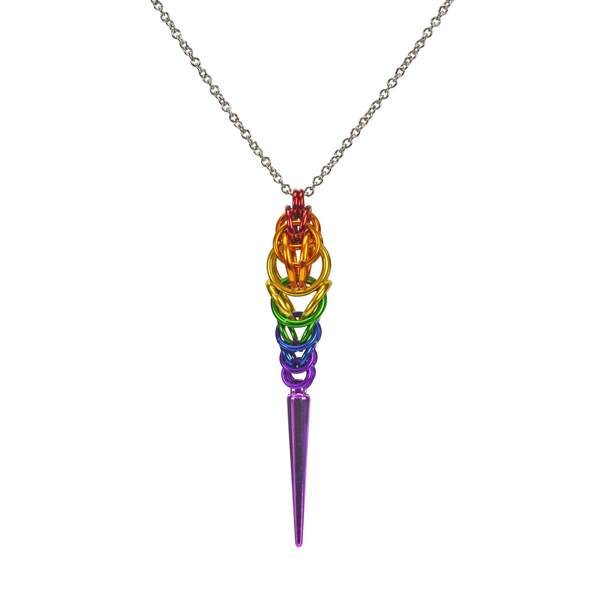 Chainmaille pendant in LGBTQ rainbow colors hanging from a thin steel chain on a white background. Pendant is made in the Rainbow Pride flag colors: red, orange, yellow, green, blue and violet, with a lilac spike at the base. Chainmaille weave is Full Persian 6-in-1 at the top and Box weave at the bottom.