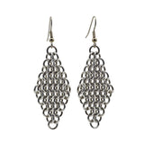 Mesh chain link earrings in silver color in a diamond shape on white background